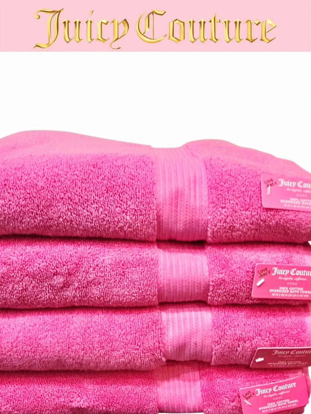 Juicy Couture Home Cotton Oversized Plush Bath Towel Set- Pink